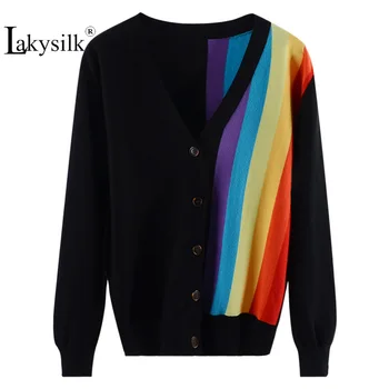 

Women Winter Rainbow Cardigan Sweaters V-Neck Button Long Sleeve Black White Ladies Coats Female Knitted Thick Warm Blouses