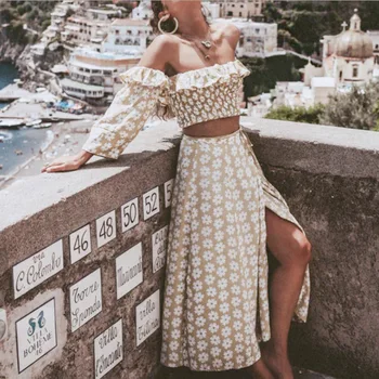 

Women Dresses Two Pieces Sets Bohemian Floral Printed Strapless Maxi Dress Ruffles Slash Neck Long Vestidos Pre-sale