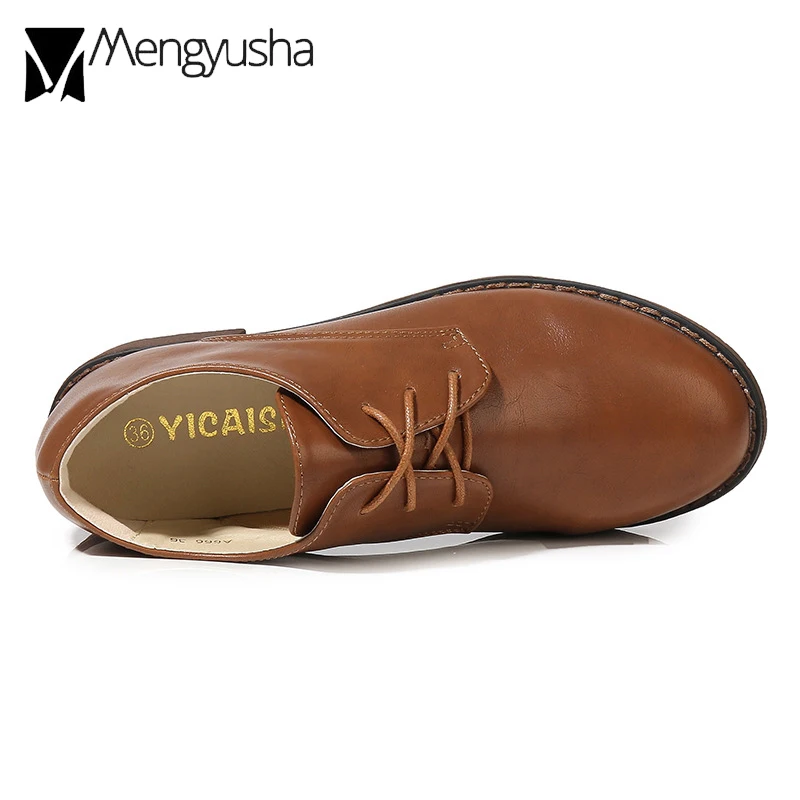 Ladies Oxford Shoes Leather Derby Rubber Flats Women Lace-Up Low Thick Heels Creepers Academic Girls Student Loafers