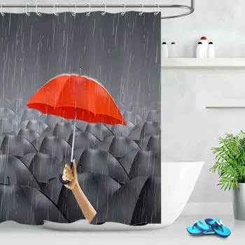 

Red Rain Shower Curtain Set Bathroom Waterproof Fabric & 12hooks