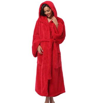

Women Flannel Bath Robe Sleepwear Autumn Winter Solid Plush Couple Bathrobe Thick Warm Female Robe Hooded Gowns Sleepwear D30