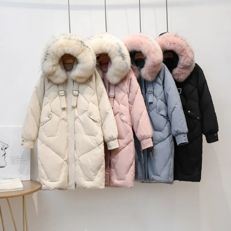 

2019 Winter Korean Plus Size Casual Big Natural Fur Collar Loose Thickened Down Jacket Woman Hooded Long Warm Coat Women Parkas