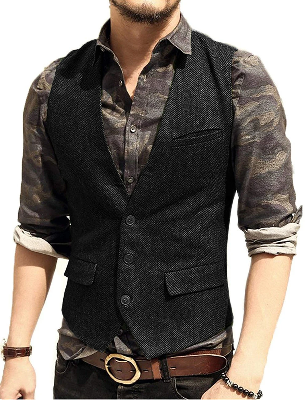 Slim Mens Vest Tweed Waistcoat Vest Vintage Herringbone V-neck Casual Wool Groomsmen Suits Vest For Wedding XS-5XL 5