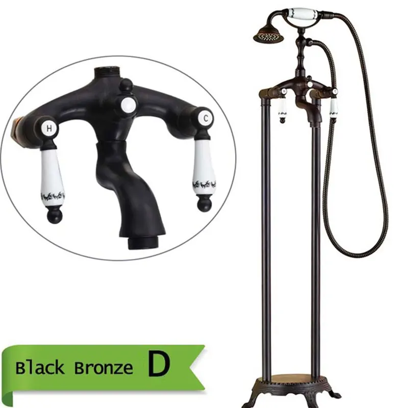 Black Bronze D Напольный смеситель для ванной Античный латунная Ванна раковина с двойной ручкой для душа и ванной набор отдельно стоящий смеситель - Цвет: Black Bronze D