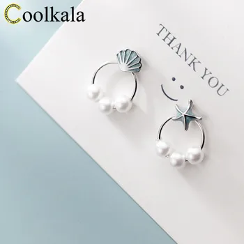 

Coolkala Silver small asymmetric starfish shell elegant beaded synthetic pearl earrings