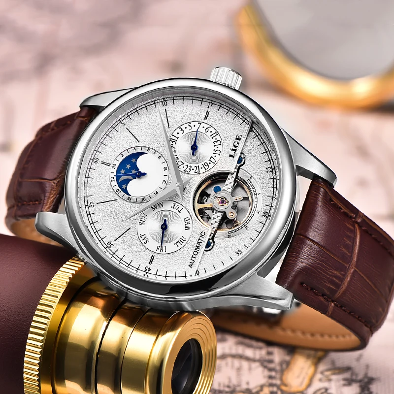 Часы наручные LIGE Мужские автоматические брендовые механические Спортивные с