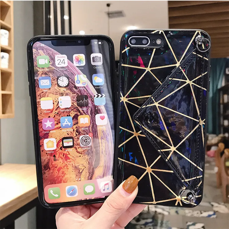 Чехол-Кошелек с сеткой для карт для iphone 11 pro Max 7 8 6s 6 plus XS MAX XR X, чехол с блестками, блестящая искусственная кожа, наплечная цепочка