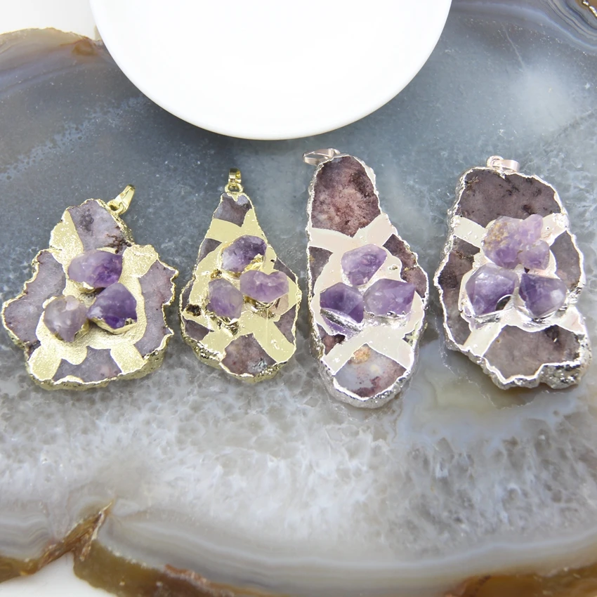 

1pcs Natural Geode Agates Slice Slab Pendants Necklace Inlay Amethysts Point Irregular Druzy For DIY Jewelry Making Accessorie