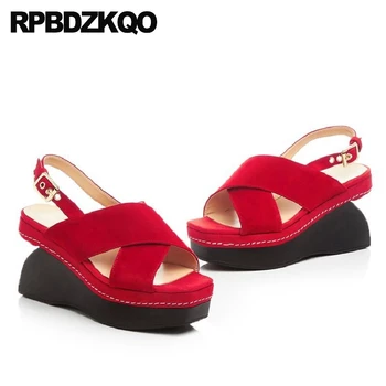 

red strap handmade shoes sandals platform women famous genuine leather suede peach wedge slingback pumps open toe high heels