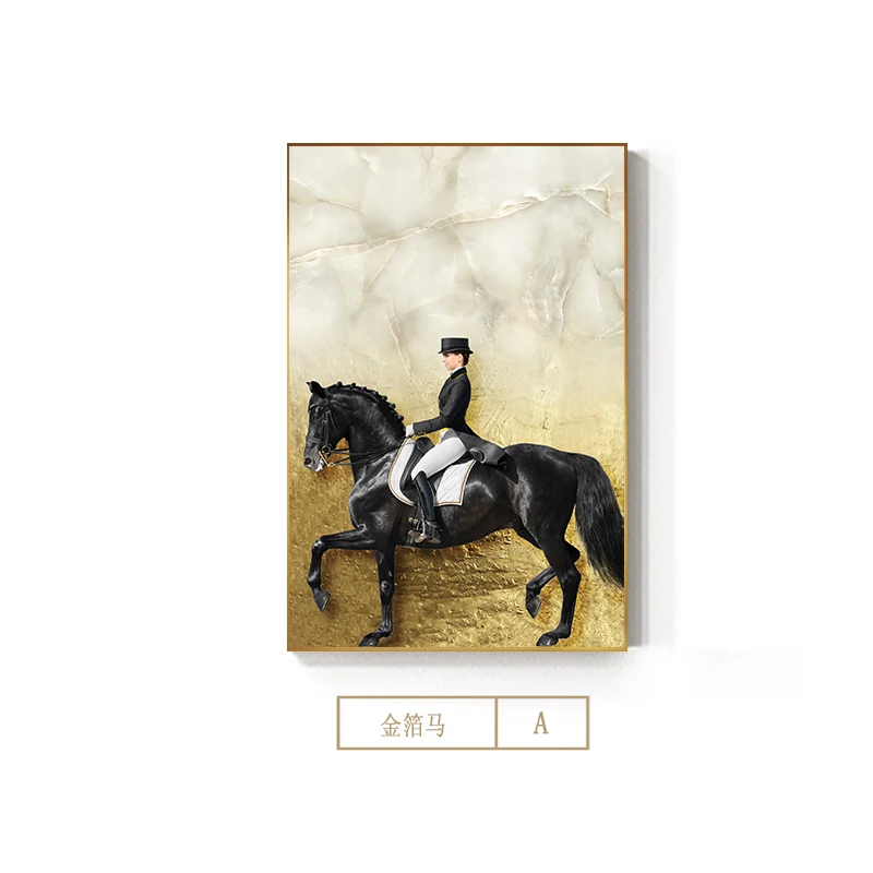 Абстрактный золотой конь рыцарь в черной ткани холст искусство дорогой плакат роскошный HD настенные картины для гостиной Tableau салон - Цвет: Knight on horse A