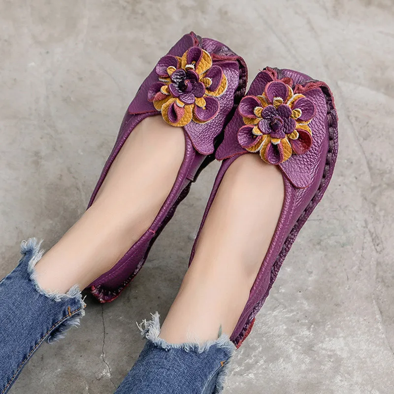 Женская обувь; коллекция года; женская обувь ручной работы на плоской подошве в этническом стиле; обувь из натуральной кожи; Цветочные мокасины на плоской подошве; лоферы с мягкой подошвой; женская обувь без застежки - Цвет: Purple