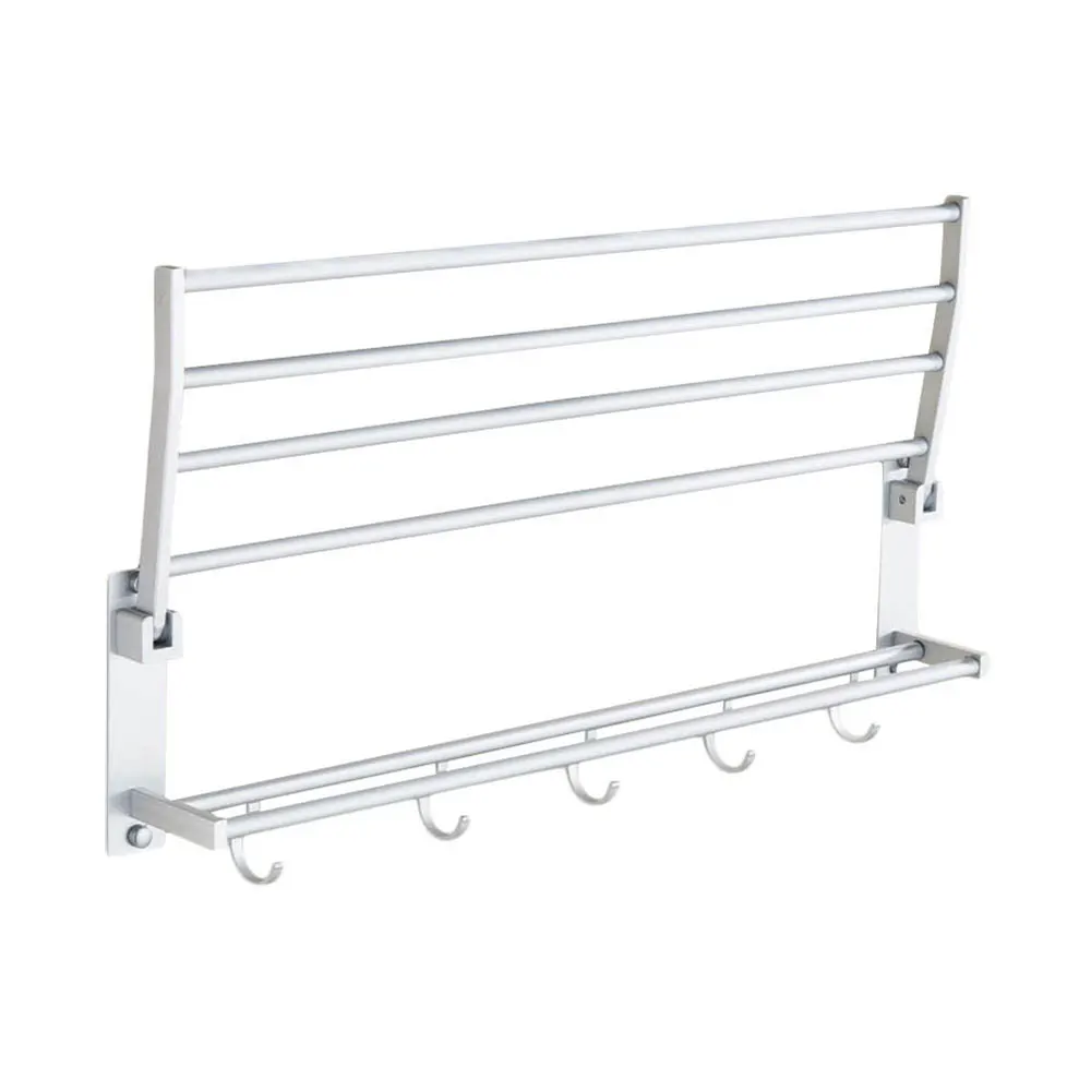 Home Decor Hook Double-Layer Punching Aluminum Double Towel Rack Towel Bar Towel Rack Multifunctional 5 Hooks Commodity Shelf