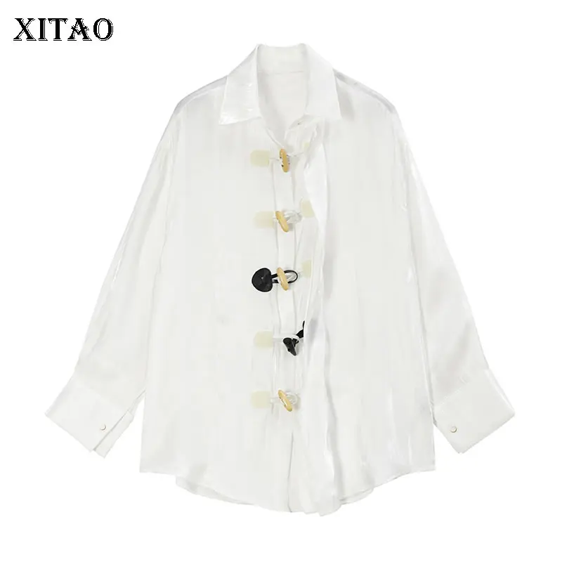 

XITAO Vintage Blouse Irregular Horn Buckle Women Clothes Full Sleeve Turn Down Collar Match All Personality White Shirt DMY3671