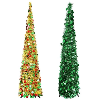 

New 2x 5Ft Christmas Tinsel Tree with Stand, Gorgeous Collapsible Artificial Christmas Tree Green & Colorful Gold