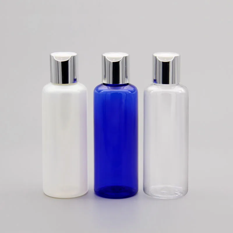 

40pcs 150ml Empty Round Plastic Clear Blue Pearl Bottle Containers Silver Press Cap Shampoo Washing Cleaning Packaging Bottles