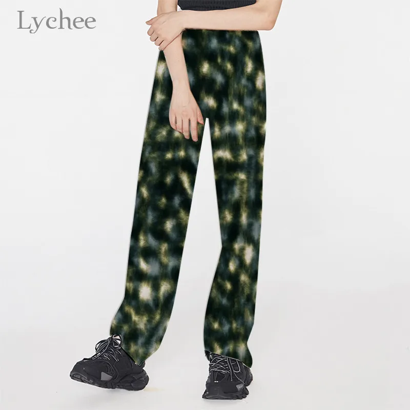 Lychee женские брюки Харадзюку с эластичной талией и широкими штанинами, темно-зеленые женские брюки с леопардовым принтом, повседневные свободные осенние женские штаны