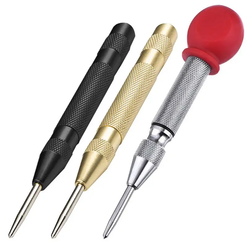 

3 Pcs Automatic Center Punch Tool, 5 Inch Spring Loaded Crushing Hand Tool With Cushion Cap And Adjustable Impact â€“ Gold, Black,