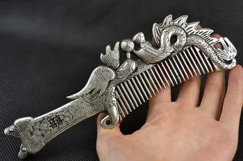 

Free shipping wholesale jade pendants and antique Collectibles Old Decorated Handwork Miao Silver Carving Dragon Phoenix Comb 9