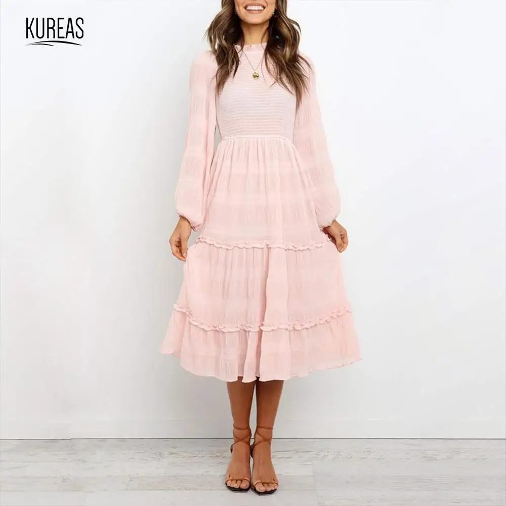 

Kureas Chiffon Dress Elegant Lantern Sleeve Ruffle A Line Dresses Casual Sweet Midi Dress Winter Autumn Party