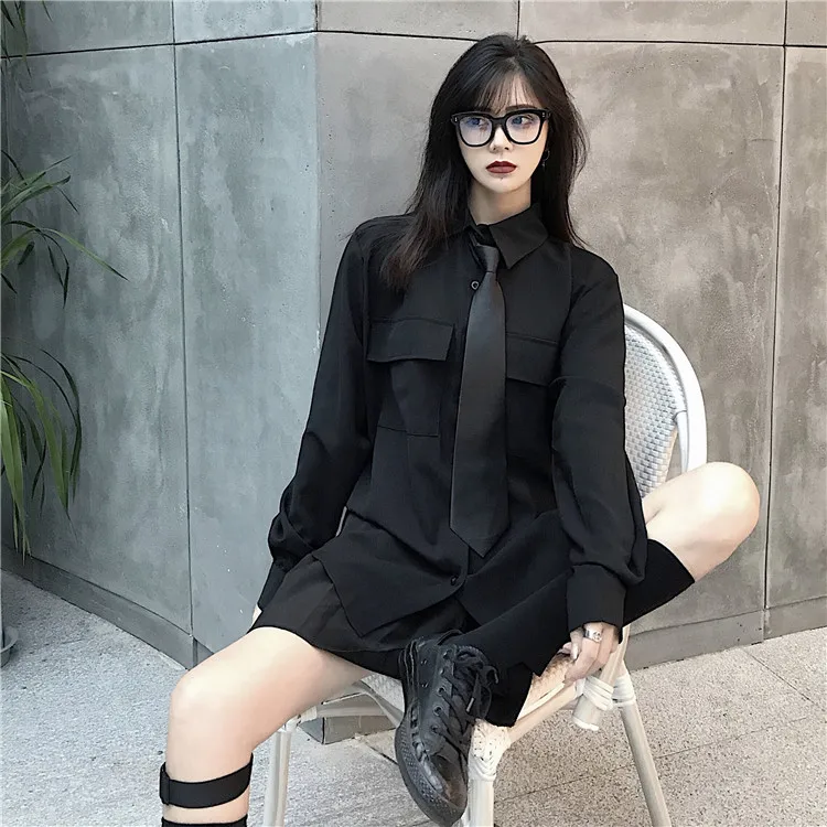 Корейский INS Harajuku Bf Ретро Темный Отдел Свободная Женская Джокер рубашка с длинным рукавом отправить галстук женские топы и блузки Готический 50cs