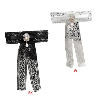 

Women Lace Ribbon Bow Tie Brooch Pin Rhinestone Faux Pearl Pre-Tied Necktie Clip
