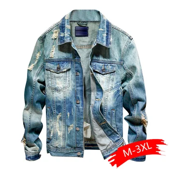 

Men's Denim Jacket Hip Hop Retro Jacket Street Casual Pilot Harajuku Fashion Hole Slim Buttoned jaqueta masculino jeans