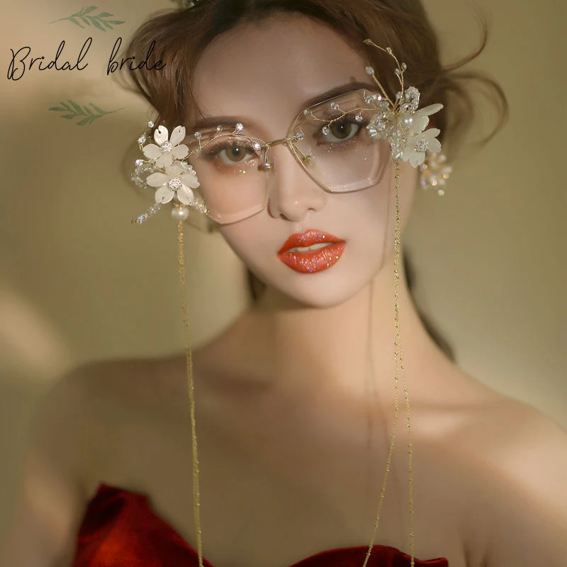 

Fashion Lolita Fairy Eyeglass Frame Flower Polygon Glasses Headwear Pearl Tassels Bead Chain Show Studio Photo Shoot Decoration