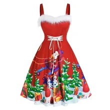 

5XL Plus Size Christmas Women Print Halter Dress Fur Spaghetti Strap Party Drawstring Backless A-Line Dress Curve Lady Vestidos