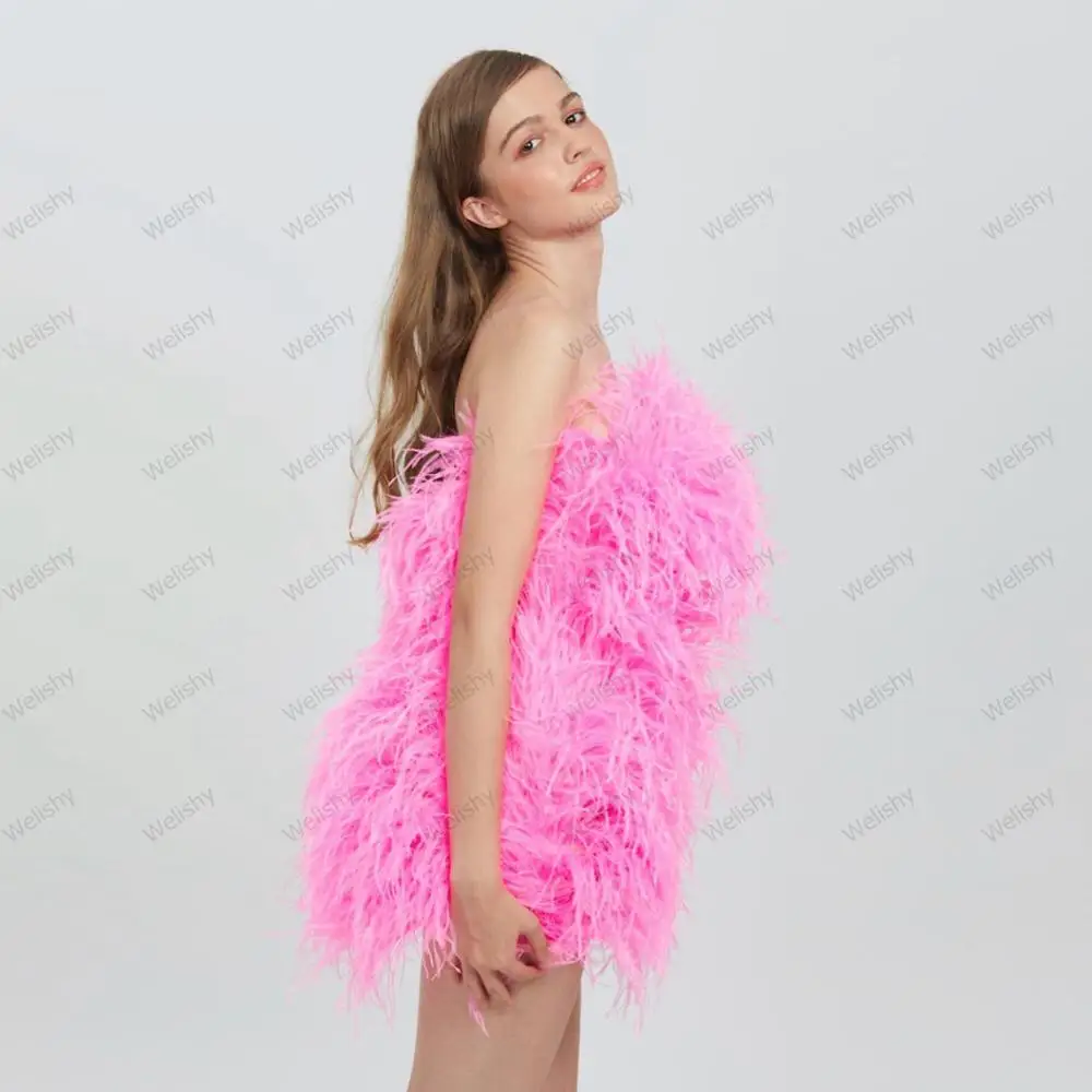 Fashion Puffy Feathers Mini Dresses Women 2020 Sexy Strapless Sleeveless Short Prom Gown Cocktail Party Dress Girls Custom Made