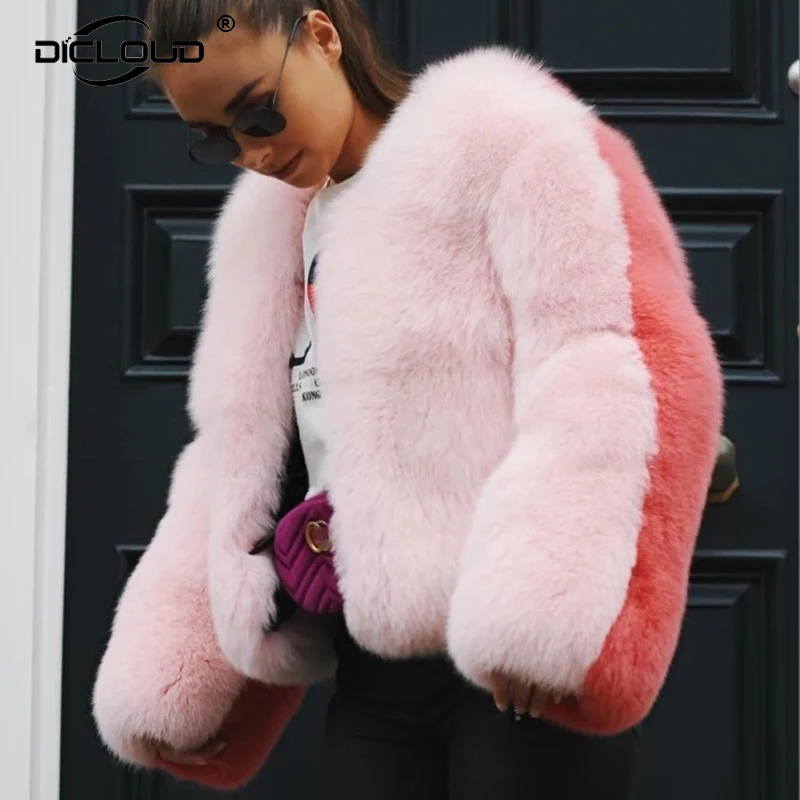 Эксклюзивные женские милые розовые контрастные цвета Шубы из искусственного лисьего меха роскошный дизайн трендовая зимняя куртка пальто женская теплая уличная одежда