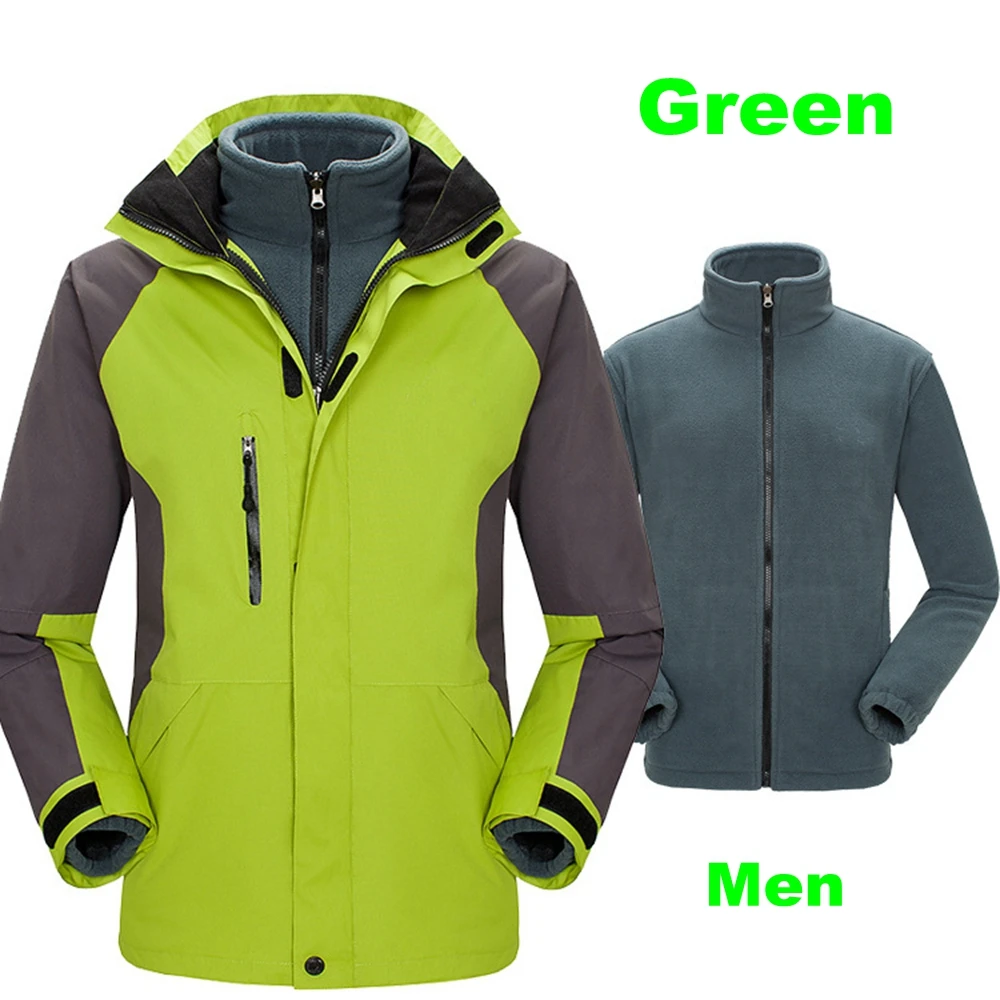 Из покрытого мягким флисом Для мужчин зимняя куртка Термальность теплые 3 в 1 плотное пальто на открытом воздухе Водонепроницаемый куртка-дождевик для Лыжный спорт спортивная одежда - Color: green