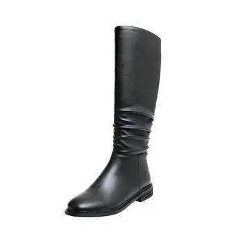

Fashion pleated Shoes Woman low Heels Genuine Leather Female square Heels Knee High Boots Winter Basic Alim Long Shoes