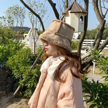 

Fisherman hat women winter stitching double-sided hat Japanese thick warm basin hat