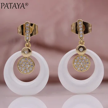 

PATAYA New White Ceramic Long Earrings 585 Rose Gold Natural Zircon Stud Earrings Women Engagement Romantic Fine Fashion Jewelry