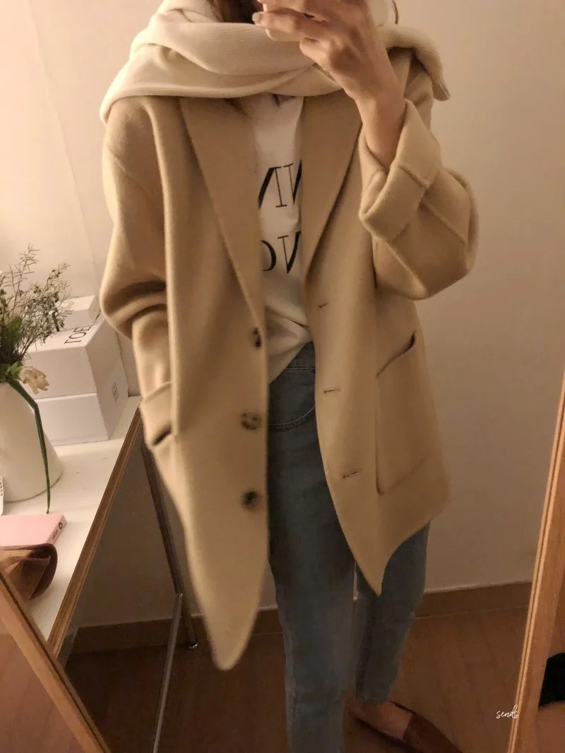 Korean Temperament Lapel Three Button Large Pocket Loose Versatile Long Sleeve Medium Long Woolen Coat Women 2021 N106 long puffer