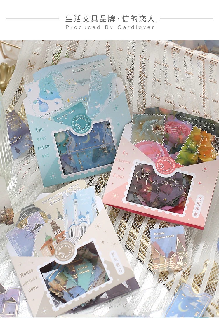Description Picture 2 of item45pcs/pack Bronzing Stamp stickers package DIY Diary Decoration label sticker Album Scrapbooking material Craft Supplies