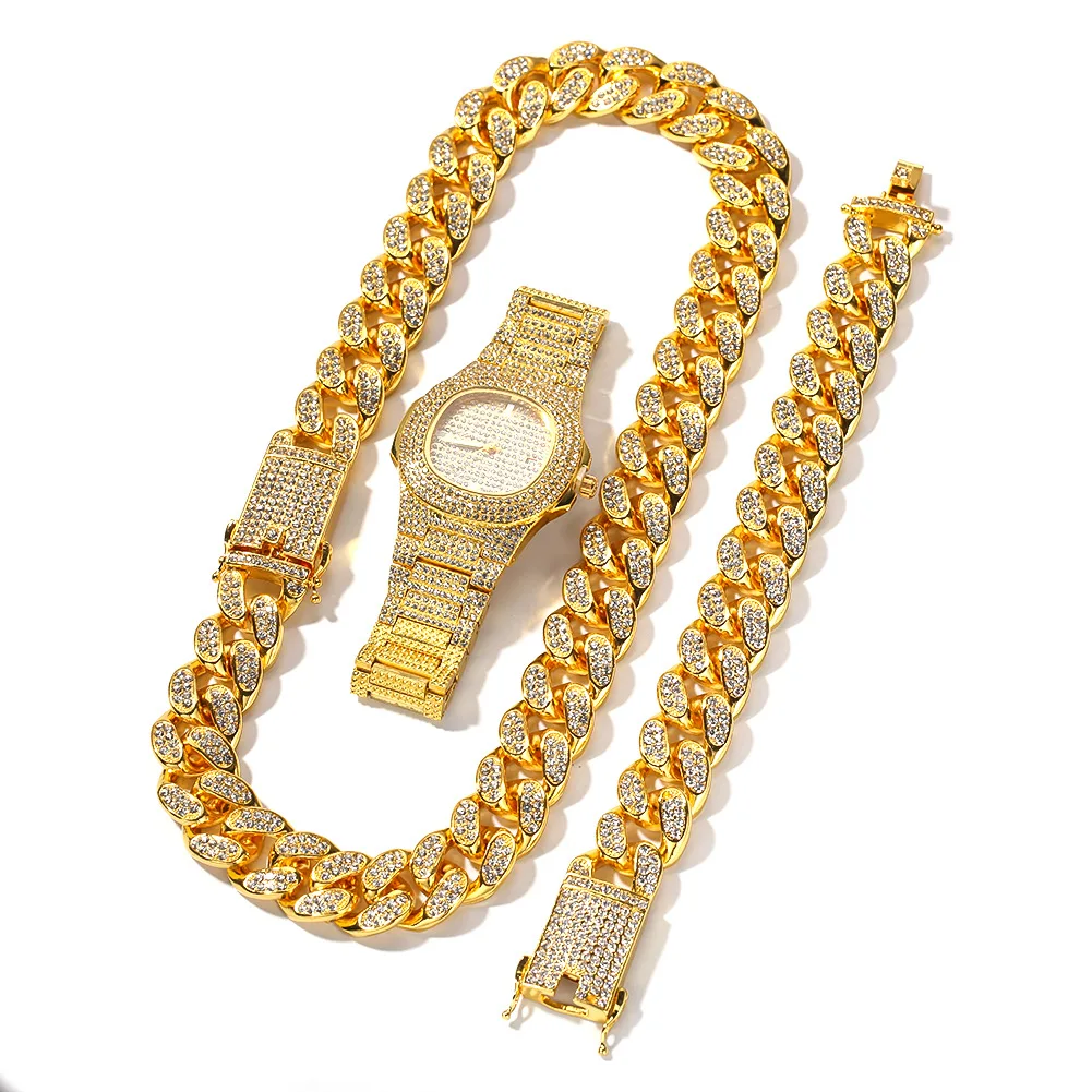 

Miami Cuban Link Chain Necklace Bracelet Watch Jewelry Sets Gold Silver Color AAA Crystal Rhinestone Men's Hip Hop Jewelry Gifts