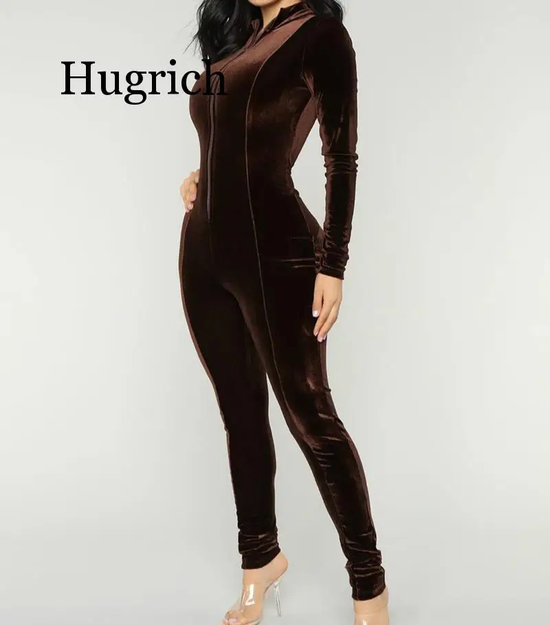 2020 Chocolate Dream Velvet Jumpsuit New Fashion Mock Neck Front Zipper Skinny Leg Velour Jumpsuits