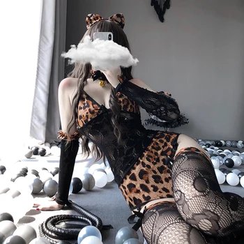 

Sexy Leopard Cat Uniform Teddy Costume Sexy Lingerie Party Night Club Cat Fancy Dress Roleplay Uniform Wear With Stocking + Tail