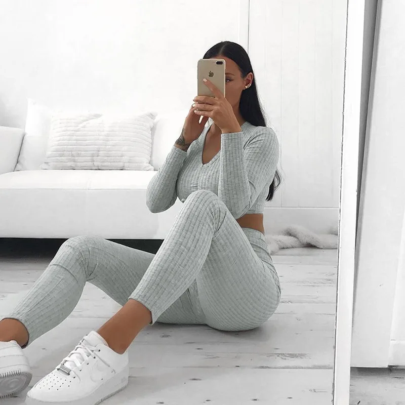 Malha costela cinza agasalho cordão com decote em v manga longa sexy colheita topos e leggings sólido elástico moda streetwear duas peças conjunto