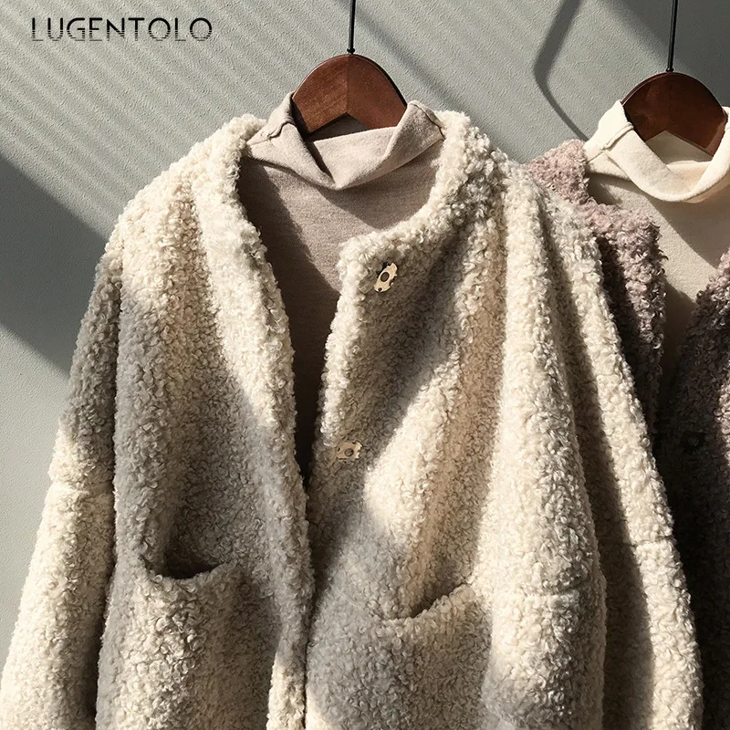Lugentiolo, Женская куртка, зимняя, Корейская, свободная, падающая, на плечах, пальто, сохраняет тепло, с длинным рукавом, с карманом, одноцветная, покрыта пуговицами, куртки
