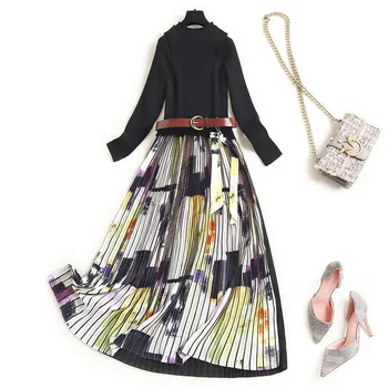 

2020 New Fashion Autumn Winter Womens Clothing Long Sleeve Print Patchwork Midi Knit Sweater Dress Runway Casual Vestidos Lady