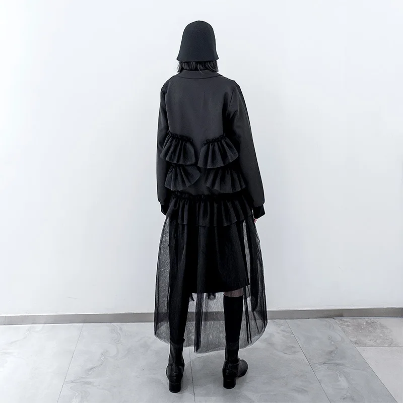 Getвесенний блейзер с сетчатыми оборками в стиле пэчворк нерегулярные женские блейзеры куртки Асимметричные Длинные свободные повседневные черные женские костюмы пальто