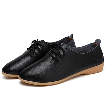 

Women Flats New Fashion Cow Genuine Leather Loafers Shoes Female Casual Moccasins Lace-Up Pointed Toe Shoes Big Size 35-44