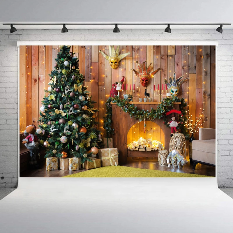 Christmas Style Photography Background Christmas Decoration Tree Retro Vintage Wooden Wall Fireplace Christmas Backdrops Prop