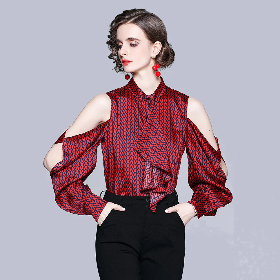 

Women Clothing Tops Shirts Office Lady Full Hollow Out Printting Women Blouses Elegant Party Sexy 2022 Spring Women New Blouses