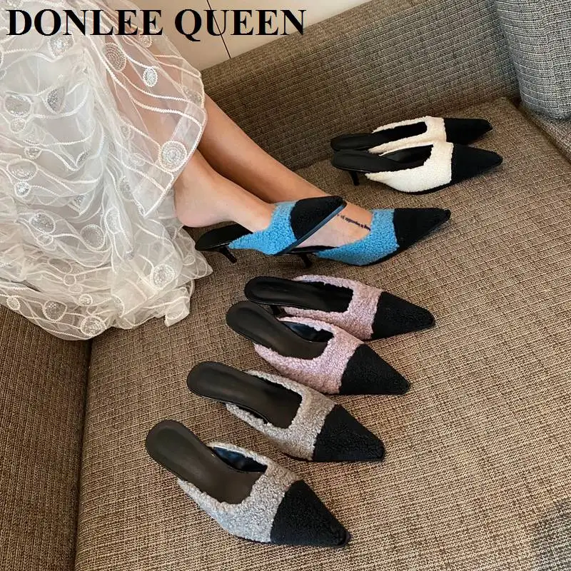 

New Mules Slippers Women High Heels Fur Slides Printed Toe Thin Heels Ladies Flip Flops Shoes Women Plush Shoes zapatillas mujer