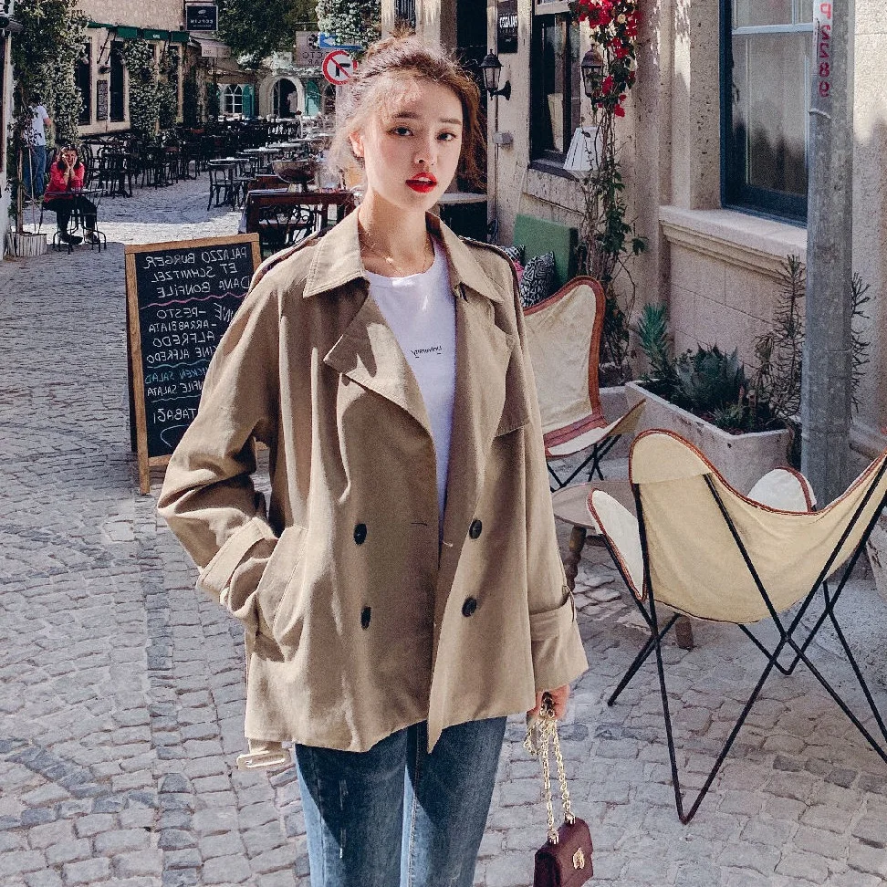 

Photo Shoot Main Push INS Non-mainstream Design Classic Khaki Double Breasted Suit Collar Trench Coat Short-height Short Jacket