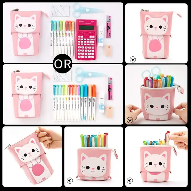 Angoo [Fun] Pen Pencil Bag Case, Cartoon Cute Cat Bear Sheep Canvas Fold Standing Holder Stationery Organizer Kids Gift A6445 5