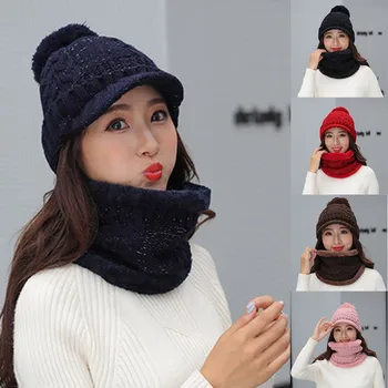 

Women Neckerchief with Knitted Baseball Hat Winter Warm Thick Cap Scarf Set TT@88